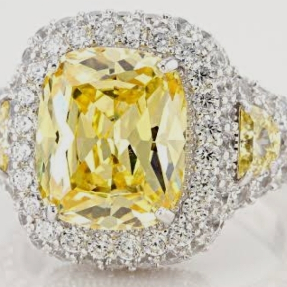 Glamorous Canary Sapphire & Diamond Simulant Ring Platinum Finish 925 Sz 7.5! - Picture 3 of 12